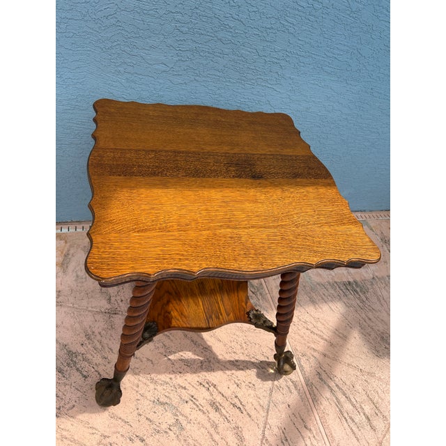 Antique Tiger Oak Table With Twisted Legs & Claw With Glass Ball Feet For Sale In West Palm - Image 6 of 11