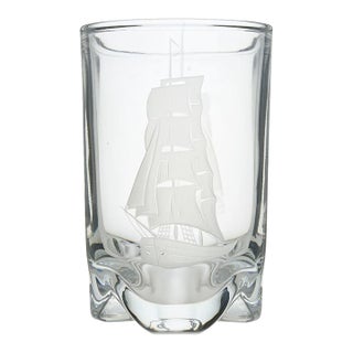 Mid 20th Century Orrefors Vicke Lindstrand Engraved Ship Crystal Vase For Sale