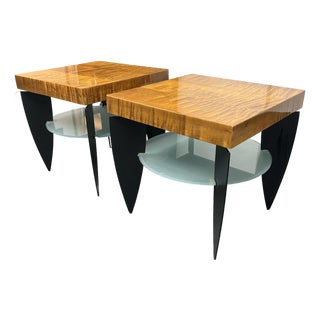 Postmodern Figured Maple + Frosted Glass End Tables For Sale