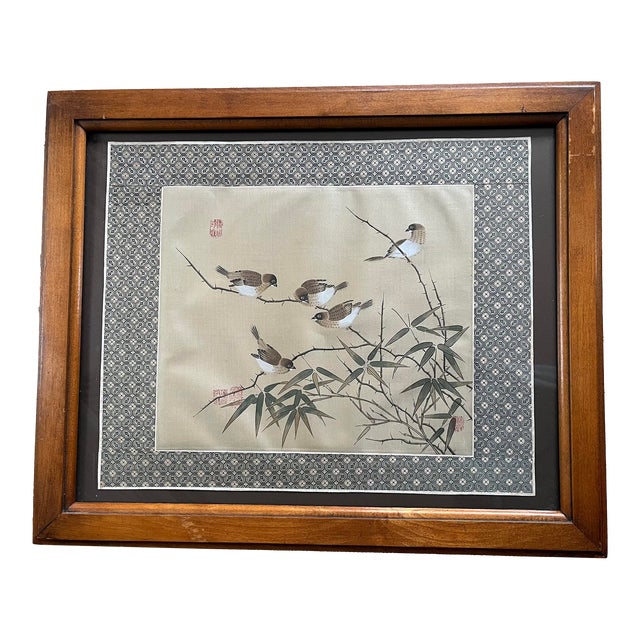 Mid 20th Century Vintage Chinese Birds and Bamboo Painting on Silk, Framed For Sale