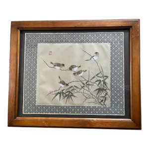 Mid 20th Century Vintage Chinese Birds and Bamboo Painting on Silk, Framed