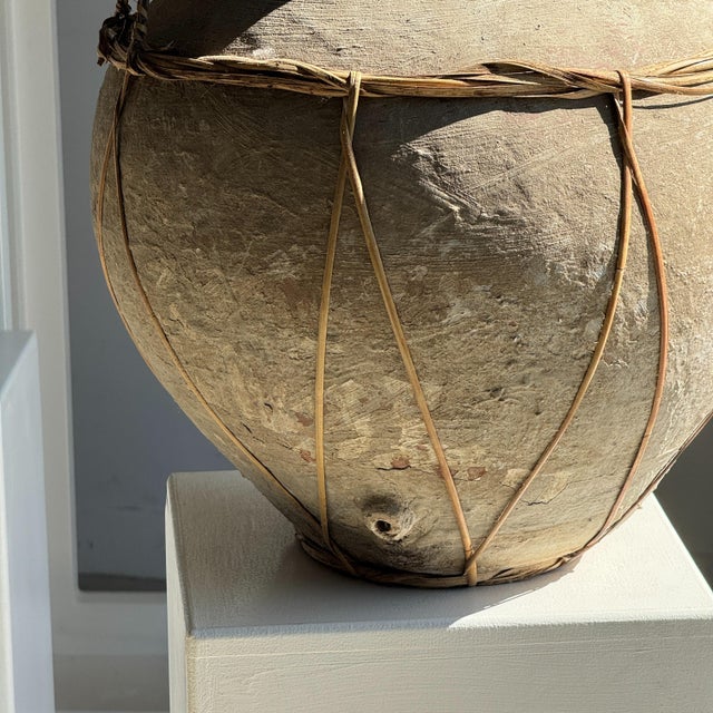 Gray Large Grey and Brown Terracotta Pot with Rattan Handles and Crossbars, 1960s For Sale - Image 8 of 11