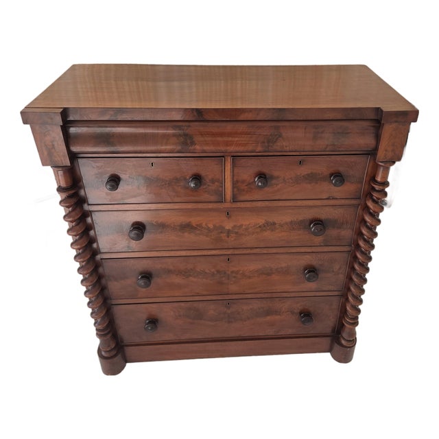 Antique Victorian Mahogany Chest of Drawers (Scotch Chest) Likely From 1850-1870s With Barley Twist Columns For Sale