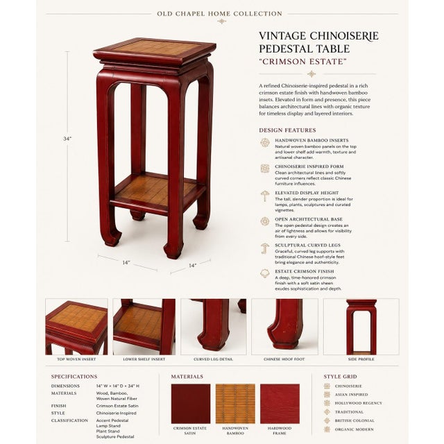 Elegant in scale and rich in character, this vintage Chinoiserie-inspired pedestal table brings architectural presence and...
