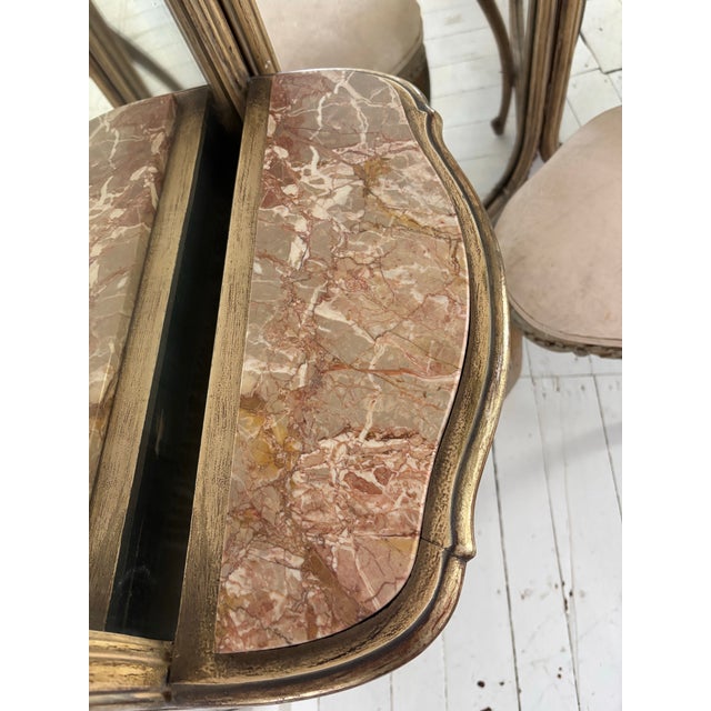 French Louis XV Style Giltwood Triptych Dressing Mirror Vanity With Marble Consoles and Matching Stool For Sale - Image 10 of 12
