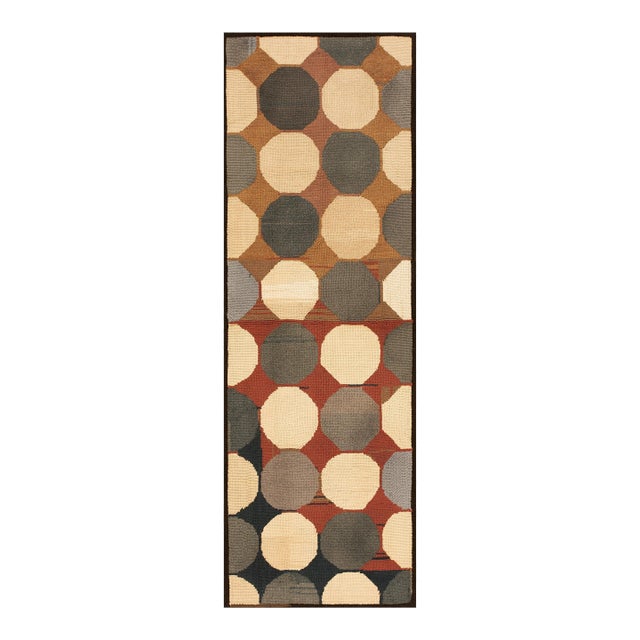 1960s Multicolor Circles Vintage American Hooked Rug 4'1'' X 8'9'' Handknotted Wool Carpet For Sale