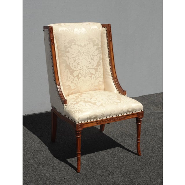 Henredon Vintage Traditional French White Silk Damask Accent Chair W Decor Nails For Sale - Image 4 of 13