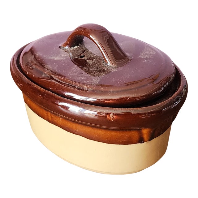 Vintage Stoneware Small Lidded Casserole Covered Oval Bowl ~ Dish, 1980s For Sale