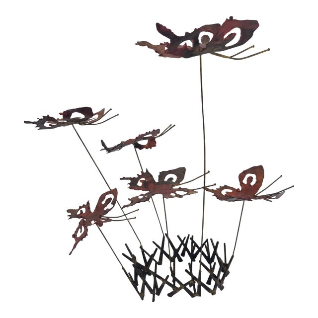 Signed Brutalist Metal Butterflies Sculpture For Sale