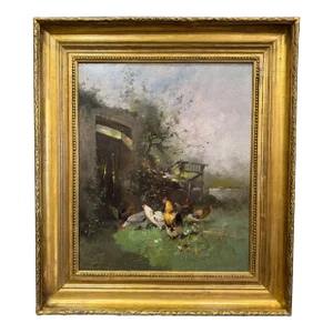 19th Century Framed Chicken Oil Painting Signed H. Lambert for E. Galien-Laloue