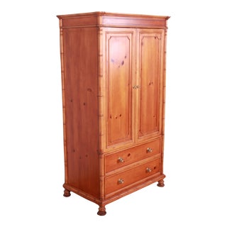 Baker Furniture Victorian Style Pine and Faux Bamboo Armoire Dresser For Sale