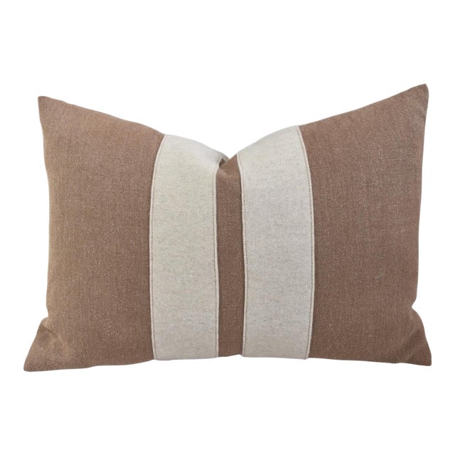 French Brown W/ Cream Appliqué Stripes Wool/Linen Feather/Down Pillow For Sale