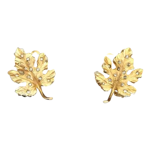 Vintage 1950s Signed Pennino Goldtone Clear Rhinestone Leaf Clip Earrings - 2 Pieces