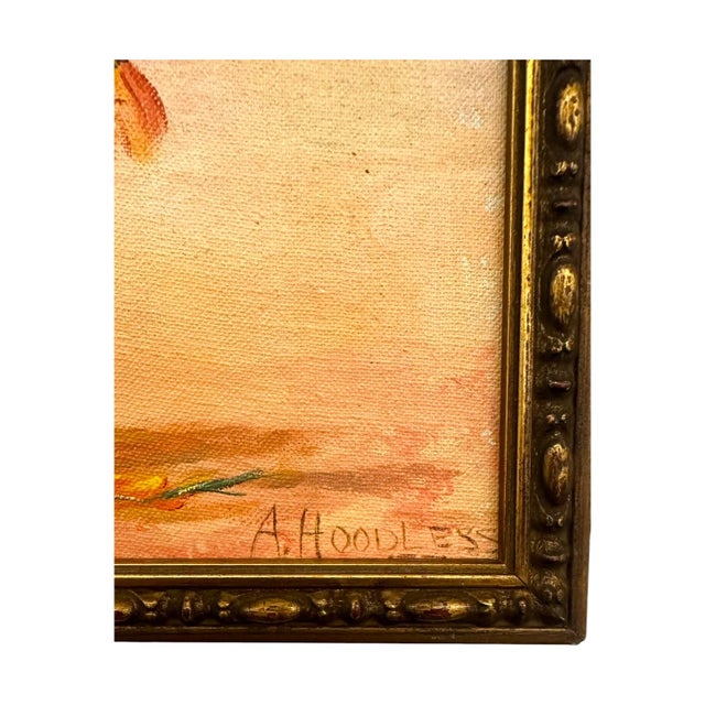 Wood Vintage Floral Still Life Oil Painting – Signed A. Hoodless – Framed Impressionist Flower Art For Sale - Image 7 of 8