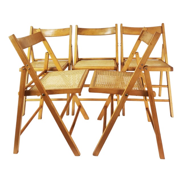 Vintage Folding Chairs with Raffia, Germany, 1980s, Set of 5 For Sale