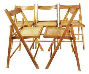 Vintage Folding Chairs with Raffia, Germany, 1980s, Set of 5
