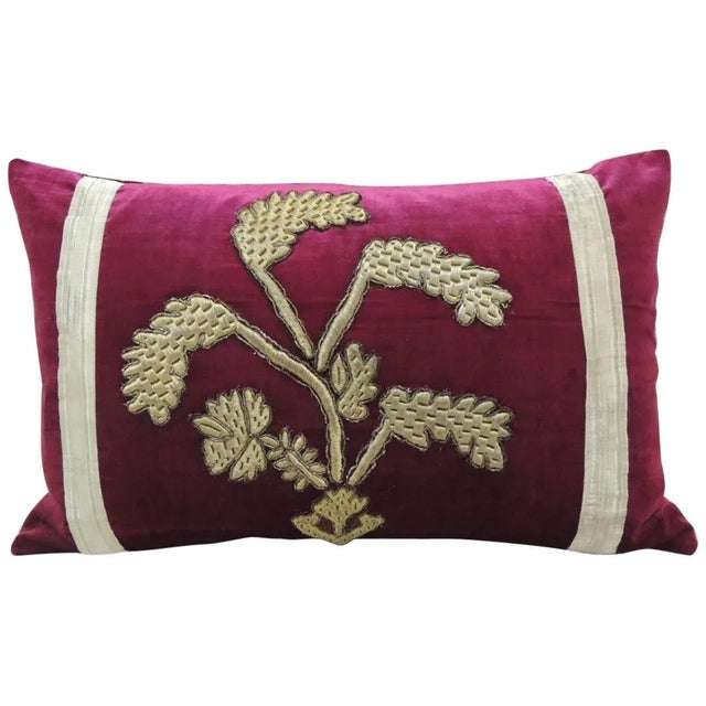 Antique Red & Silver Velvet Embroidery Applique Decorative Pillow For Sale - Image 10 of 10