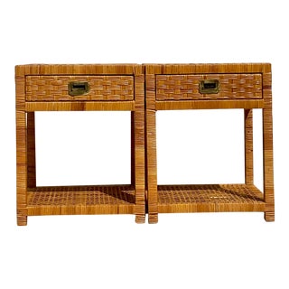 Late 20th Century Vintage Coastal Woven Rattan Nightstands - a Pair For Sale