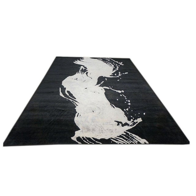 Indo-Napalese Modern Wave Wool & Silk 9X13 Black & White Wave Design Handmade Area Rug #1144031