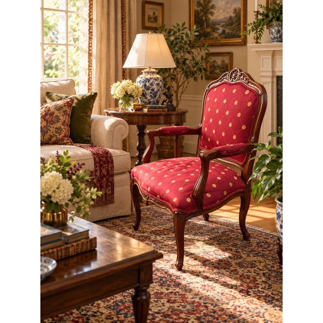 1990s Ethan Allen French Louis XV Style Carved Cherry Armchair in Red & Gold For Sale - Image 5 of 12