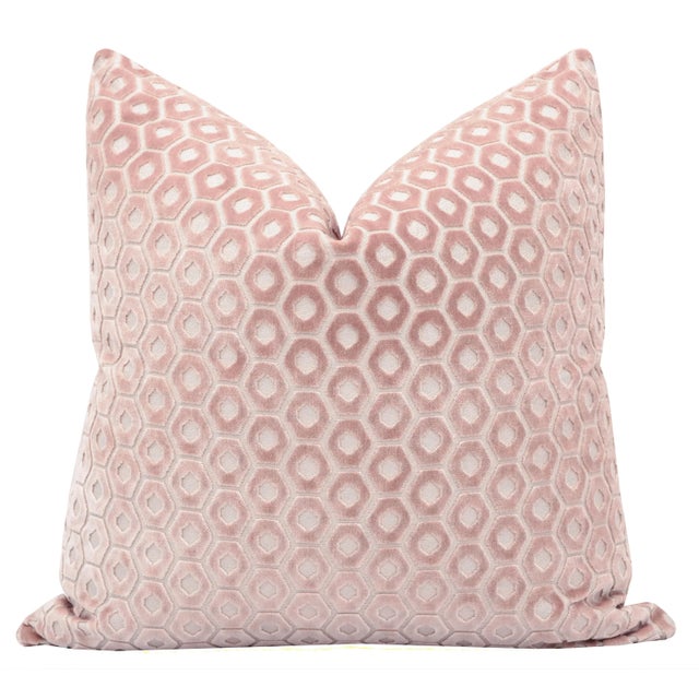 Pair of beautiful custom-made Paloma cut velvet pillows in blush. Meticulously handcrafted with serged interior seams,...