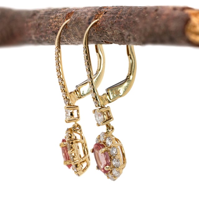 2020s 6x4mm Lever Back Padparadscha Sapphire Earrings W Natural Diamonds in 14k Gold-Set of 2 For Sale - Image 5 of 7