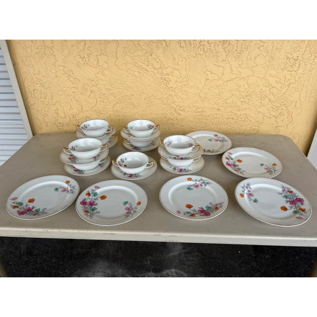 1920s Limoges Vignaud France Set of dishes. Beautiful white with pink, orange and green flowers with Gray foliage. Trimmed...