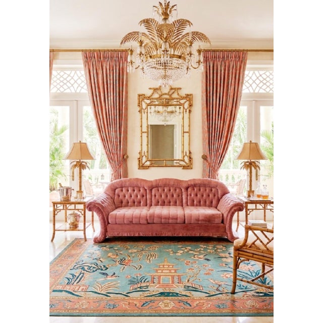 Vintage Tufted Hollywood Regency Dorothy Draper Style Velvet Dusty Rose Upholstered Rolled Arms Long Sofa For Sale - Image 13 of 13