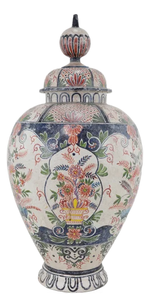 Large Vintage Tole Chinese Lidded Ginger Jar – Hand-Painted Floral Basket & Ornate Motifs
