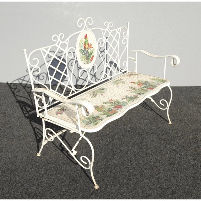 French Country Vintage French Country White Wrought Iron Tiled Bench W Parrots Two Seater For Sale - Image 3 of 13
