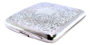Silver Cigarette Case with Engraved Plant Motifs and Curved Monogram Card