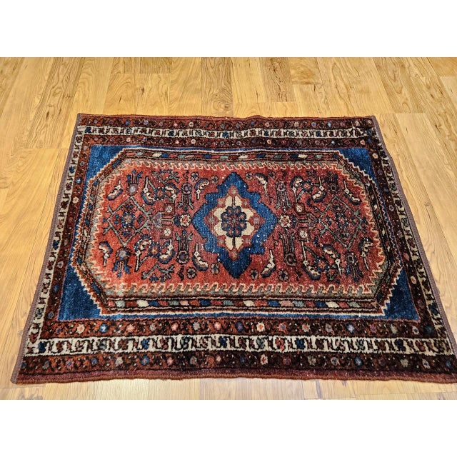 Red Vintage Persian Malayer Area Rug, Hand-Knotted Wool, Geometric Pattern, 2x3, Red & Blue For Sale - Image 8 of 8