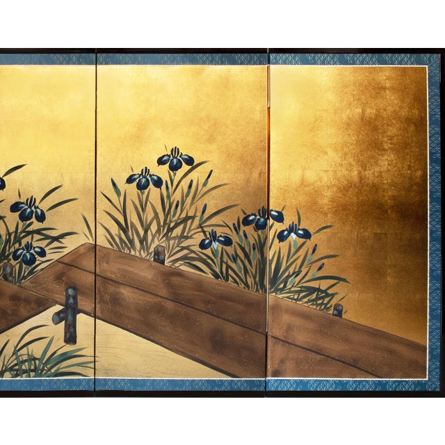 Japanese "Rinpa Iris Yatsuhashi" by Taizan, Heisei Era Japanese Painted Byobu Screen For Sale - Image 3 of 18