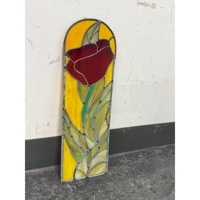 Abstract Circa 1978 Gene LeLonde Red Tulip Stained Glass Panel For Sale - Image 3 of 12