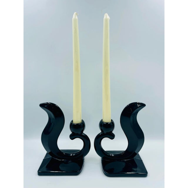 Early 20th Century Pair of Early 20th Century Art Deco "Flame" Black Glass Candle Holders For Sale - Image 5 of 12