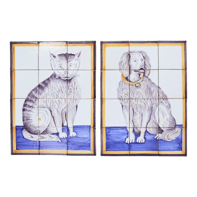 Pair of Dutch Delft Tile Panels of a Cat and Dog For Sale