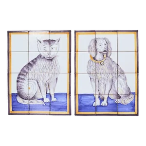 Pair of Dutch Delft Tile Panels of a Cat and Dog