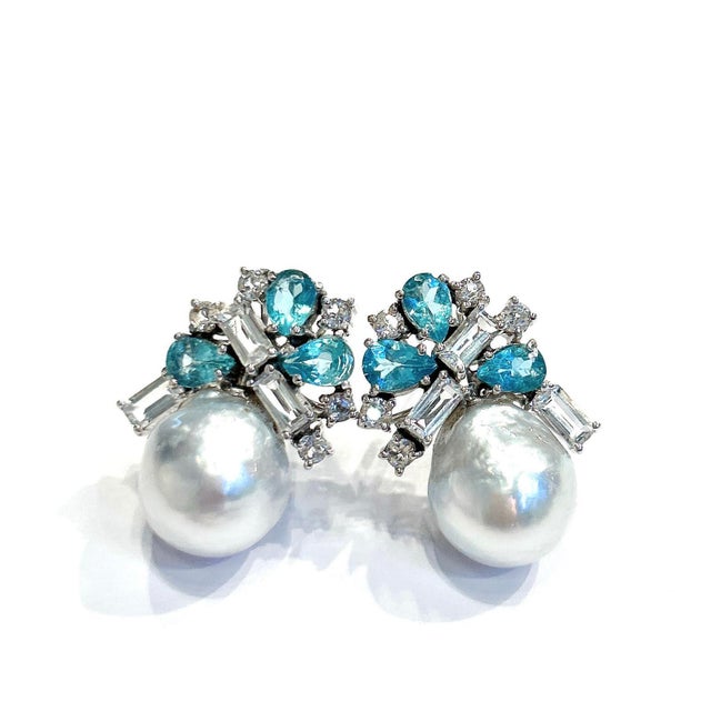 Bochic “Orient” Pearls, Topaz & Blue Appetite Earrings Set 18K Gold & Silver For Sale - Image 4 of 6