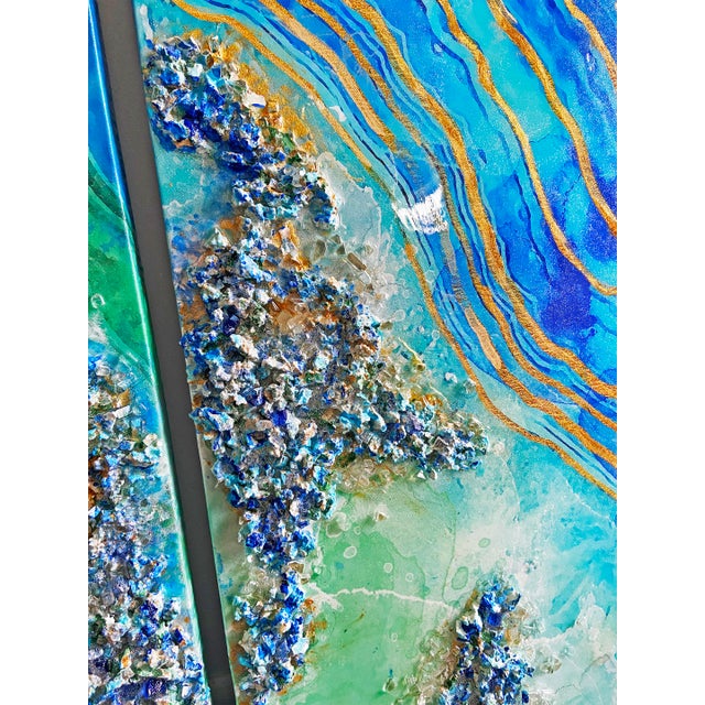 Blue Geode Wall Art Diptych Abstract Resin Painting by Tatiana Duperault For Sale - Image 4 of 5