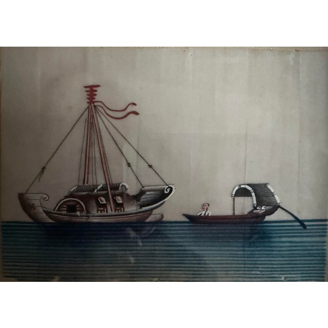 Chinese Chinese /Asian Hand Painted Boat Pictures Framed in Black and Gold. Charming. For Sale - Image 3 of 6