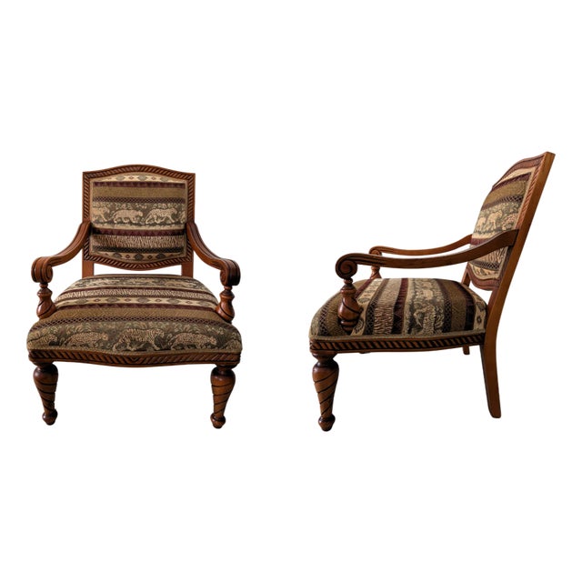 Late 20th Century Hand-Carved Oversized Armchairs Set of 2 With Safari-Inspired Upholstery For Sale
