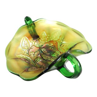 1960s Millersburg Holly Bonbon Dish in Green Carnival Glass For Sale