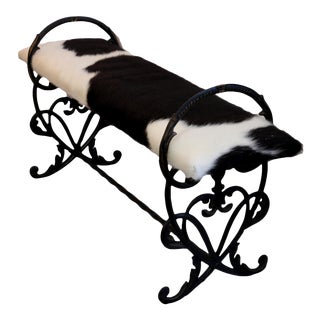 1920s California Wrought Iron & Cow Hide Bench For Sale