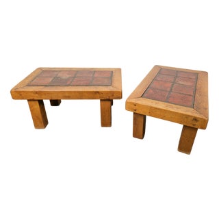 Brutalist Oak Side Table with Terracotta Tiles, 1950s, Set of 2 For Sale