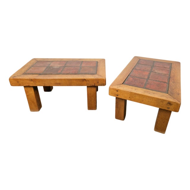 Brutalist Oak Side Table with Terracotta Tiles, 1950s, Set of 2 For Sale