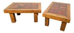 Brutalist Oak Side Table with Terracotta Tiles, 1950s, Set of 2