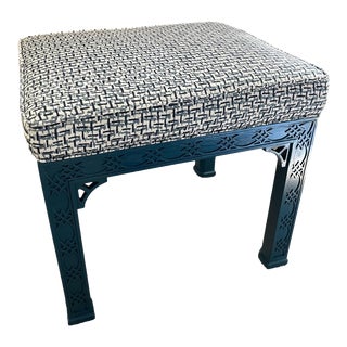 1970s Vintage Navy Stool/Ottoman With Fretwork Detail and Custom Tillett Fabric For Sale