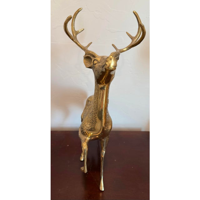 Brass Vintage Solid Brass a Pair of Large Spotted Solid Brass Deer Statues, a Buck and a Doe Decor For Sale - Image 8 of 11