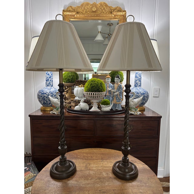 Lovely pair of extra tall barley-twist solid wood buffet lamps in a dark wood finish with light black speckles....