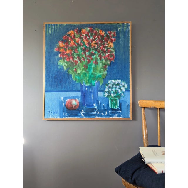 Mid-Century Modern Mid-Century Modern 'Floral by Blue' Vintage Original Swedish Still Life Oil Painting, Framed For Sale - Image 3 of 11